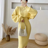 2022 New Fall/Winter Bat Sleeve O-Neck Soft Sweater + Women's Knitted Vest Long Dress Two-Piece Dress