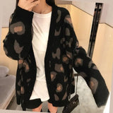Sweaters Korean Casual Autumn Pink Leopard V-Neck Long Sleeve Cardigans Loose Coat Pull