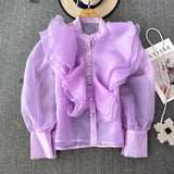 Fongt Court Style Super Fairy Collar Layer Lotus Edge Eugen Yarn Perspective Single Buckle Shirt Female Gas Top