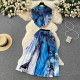 Blooming Printed Skirt Suit Women's New Thread Temperament Half-high Collar Top + Pleated Skirt Two-piece Set-Outfit