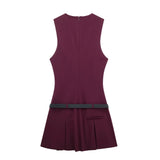 Fongt Women's Clothing 2025 Autumn And Winter New Waist Bandwidth V-Neck Sleeveless Checker Mini Dress