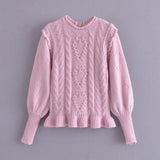 Autumn Solid Color Knitted Twist Puff Long sleeve Pullover Sweater Ruffles Hem High Waist Mini Skirt 1
