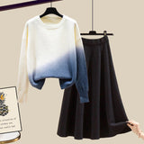 Women Autumn Winter Warm Knitted Two Pieces Sets Korean Long Sleeve Pullover Sweater Top And High Waist Knitting Skirts