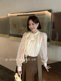 Fongt Xixi 2025 Autumn White Standard Thousand Gold Wind Bow Tie With Bottom Shirt Women's Long-Sleeved Top Tide 89550