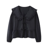 New Spring Doll Tie Casual Loose Solid Color Shirt-Outfit