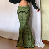 Green Lace Printed Trumpet Long Skirt-Outfit