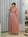 Fongt Ripe Wind High Waist Round Collar Dress Spring And Autumn New Temperament Solid Color To Show Thin Waist Swing 100 Rhetum Long Skirt