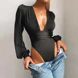 Club V Neck High Waist Solid Regular Long Sleeve