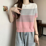 Fongt Gradient Striped T-Shirt Women's Summer New Oceanic Ice Silk Sleeve