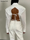 Backless Women T Shirt Button Turn-down Collar Long Sleeve Fall Casual Sexy Lace Up Office Ladies Fashion Blouses