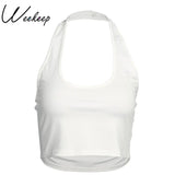 Fashion Halter Women Tank Top Knitted Solid Backless Sleeveless Crop Top Summer Fitness Cropped Vest White Basic Tee
