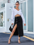 Side Slit Buttoned Denim Midi Skir-Outfit