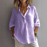 Fongt New Solid Color Leisure Loose Size V Collar Long Sleeve Top Shirt Woman