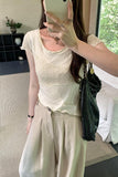 Minority Design Temperament Texture Fabric Spliced Shoulder Short-Sleeved T-Shirt Women's Summer 2024 New