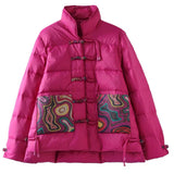 Chinese Wind Short Down Jacket Female Winter New Plate Buckle National Wind Printing Warm White Duck Down Warm Coat Large Size-Outfit