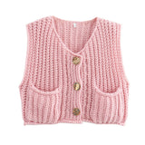 Fongt 2025 Spring And Autumn 2025 New Women's Pocket Sleeveless Short Knitted Cardigan Vest