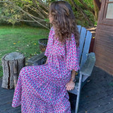 Puff Sleeve Long Dress Women Elegant Printed V-Neck Maxi Dresses Boho Drawstring Loose Holiday Beach Dress Vestidos