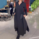 Fongt Summer New Casual Solid Color Loose Thin V Collar Long Sleeve Dress
