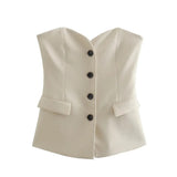 Women Fashion Front Buttons Fitted Bustier Tops Vintage Exposed Shoulders Backless Female Camis And
