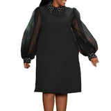 Fongt Women's 2025 New Fashion Mesh Sleeve Nail Bead Temperament African Large-Size Dress
