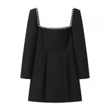 Fongt Women's Clothing 2025 Winter New Square Neck Nail Beads To Collect Short A-Shaped Dress