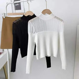 Yarn Splicing Half-High Collar Knitted Bottom Shirt Women Autumn Design Sense Of Small Short Babes Sexy Long-Sleeved