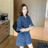Women Denim Sets Summer 2023 New 2 Piece Set Solid Short Sleeve Coat + Shorts Jeans Sets Office Lady Elegant Female Denim