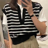 2022 New Pullovers Striped Sleeveless Knitted POLO Collar Wild Spring Autumn Women Sweaters Short Vests