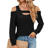 2023 New U Collar Off-Shoulder Splice Long Sleeve Loose T-Shirt Top Women-Outfit
