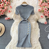 Fongt Version Of The Solid Color Collar Buckle Body Short Sleeve Elastic Knitted Forked And Left-Sleeved Dress 0022