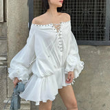 Fongt Temperament Beauty Dress 2025 Autumn And Winter New One-Word Shoulder Strap Splicing Lotus Leaf Side Flower Dress Dress Woman