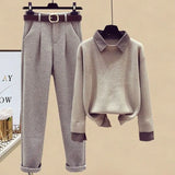 Winter Warm Matching Suits For Womens Knitted Sweater+parkas Vest+tweed Pants Sets Office Ladies Elegant Three Pieces