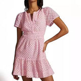 Fongt Women's V-Neck A-Shaped Hollow Lace Folded Short-Sleeved Mini Dress
