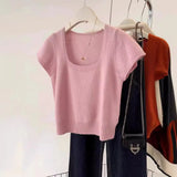 Version Gentle Style Knitted Sweater Women's New Style 2024 Spring And Summer 100 Small Square Collar With Short Sweater Bottomed And Short Sleeves-Outfit