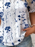 Wise Hot Style Summer V-Neck Lace Splicing Printed Shirt Shirt Women's Clothing-Outfit