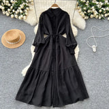 Fongt Fashion Casual Long-Sleeved Shirt Dress Women Loose Tidive With Long Skirt 0515