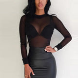 Fongt Elastic Tight Perspective Ultra Thin Sexy Mesh Bottom Shirt Transparent Long Sleeved T-Shirt Woman-Outfit