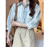 Fongt Cotton Striped Sunscreen Shirt Coat Women's Summer Thin Linen Cardigan Seven-Sleeve Shirt On The Shoulder