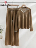 Knitted Sets Tracksuit Women V-Neck Long Sleeve Pullover High Waist Wide Leg Pants Casual 2 Piece Sets Womens Outfits-Outfit