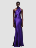 Purple Satin Halter Neck 3D Flower Design Backless Maxi Dress-Outfit
