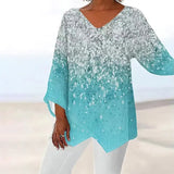 Fongt Women's Clothing 2025 Summer New T-Shirt Casual Loose Irregular Print Long-Sleeved V-Neck Top
