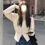 Fongt Gentle White V-Neck Knitted Cardigan Women's Spring And Autumn High-End Lazy Wind To Collect Short Sweater Jacket