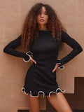 Long Sleeve Knit Ruffled Trim Mini Dress-Outfit