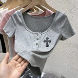 Square Collar Crop Tops Black Cross Appliques Solid T Shirts Skinny Basic Office Lady Streetwear Summer Casual Korean Ins-Outfit