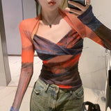 Women Twisted V Neck Long Sleeve T-shirts Tops Girls Stretchy Tie-dyed Mesh Sheath Tee Shirts For Female-Outfit