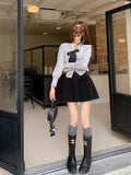 Bow Solid High Waist Pleated A-line Skirt-Outfit