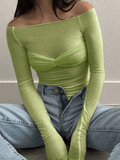 Mesh Long Sleeve Off Shoulder Top-Outfit