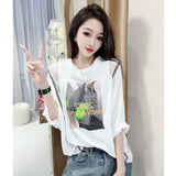 Stylish Letter Printed Blouse Commute Lace Patchwork 2023 Summer Korean Plaid Female Clothing Shirring Round Neck Shirt-Outfit