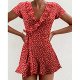 Women Boho Beach Dress Ruffle V Neck Short Sleeve Little Flowers Printing High Waist Mini Vestidos Casual Party