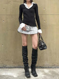 Polo Neck Splice Fake Two Piece Long Sleeve Knit-Outfit